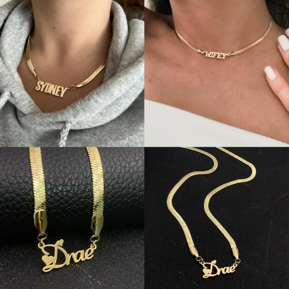 14k Gold & Silver Personalized Name Herringbone Necklace, Water Resistant